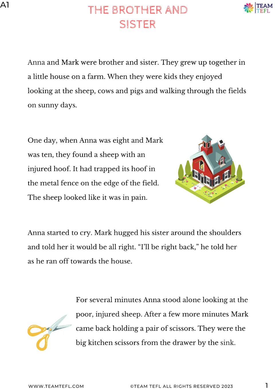Story opening: Anna and Mark find a sheep with its hoof trapped in a farm fence, and Mark runs home for kitchen scissors