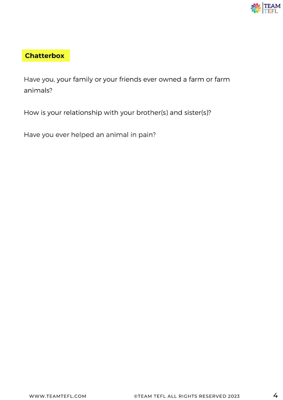 Chatterbox speaking task: students discuss farm animals, their relationships with siblings and helping an animal in pain