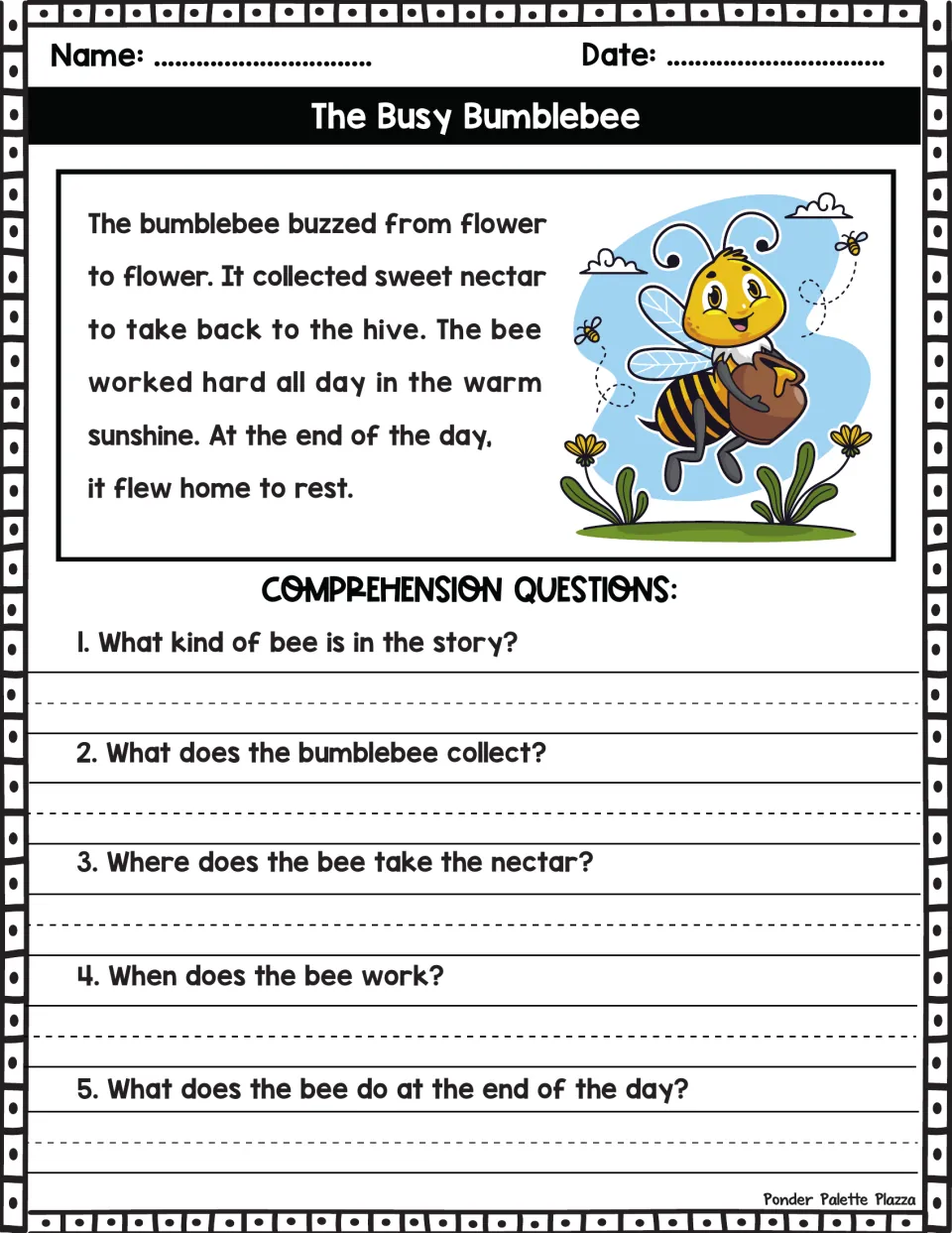Reading passage about a bumblebee collecting nectar and returning home, followed by five comprehension questions.