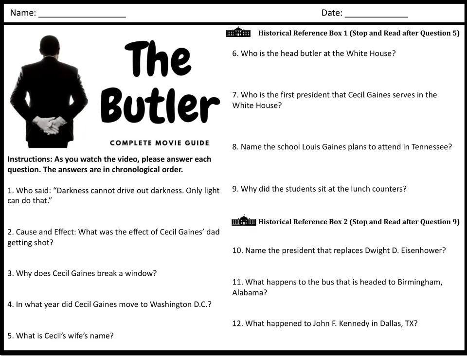 Movie guide questions 1–12 cover Cecil Gaines's early life, White House work, sit-ins, and Kennedy's death.