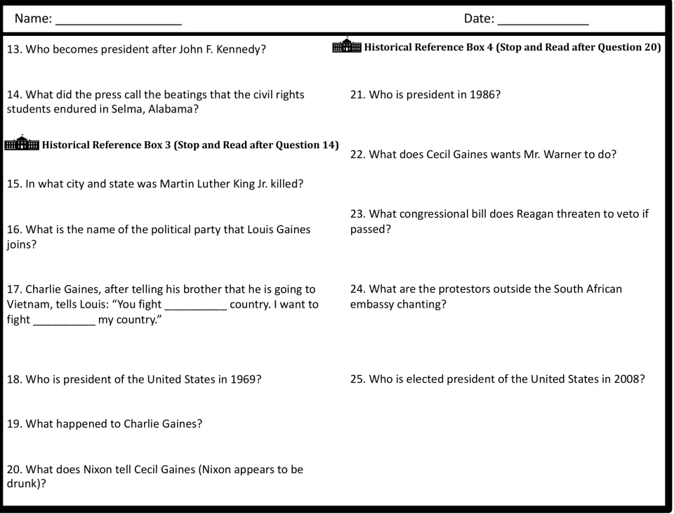 Movie guide questions 13–25 cover civil rights, Vietnam, Nixon, Reagan, apartheid protests, and Obama.