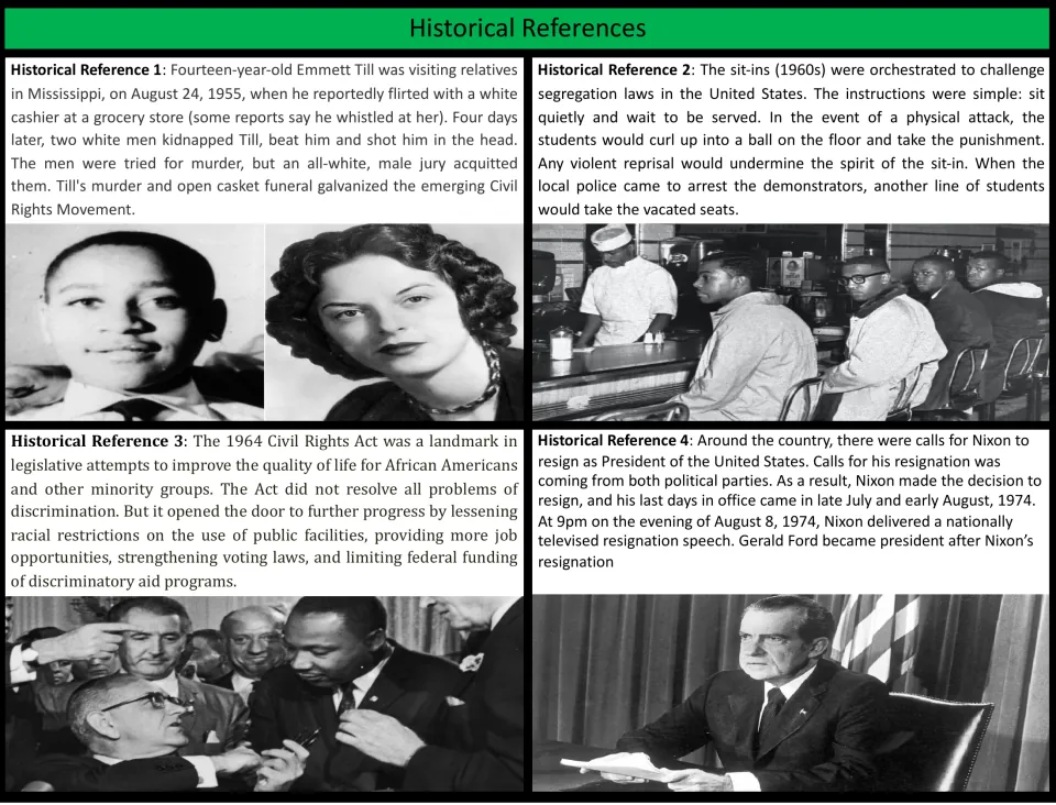 Historical references explain Emmett Till, sit-ins, the 1964 Civil Rights Act, and Nixon's resignation.