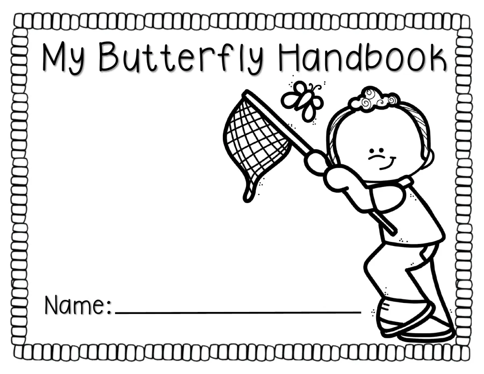 My Butterfly Handbook front, boy version: a boy swings a net toward a butterfly, with a spot for the student's name