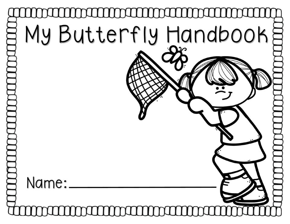 My Butterfly Handbook front, girl version: a girl with pigtails reaches a net toward a butterfly; students add their name
