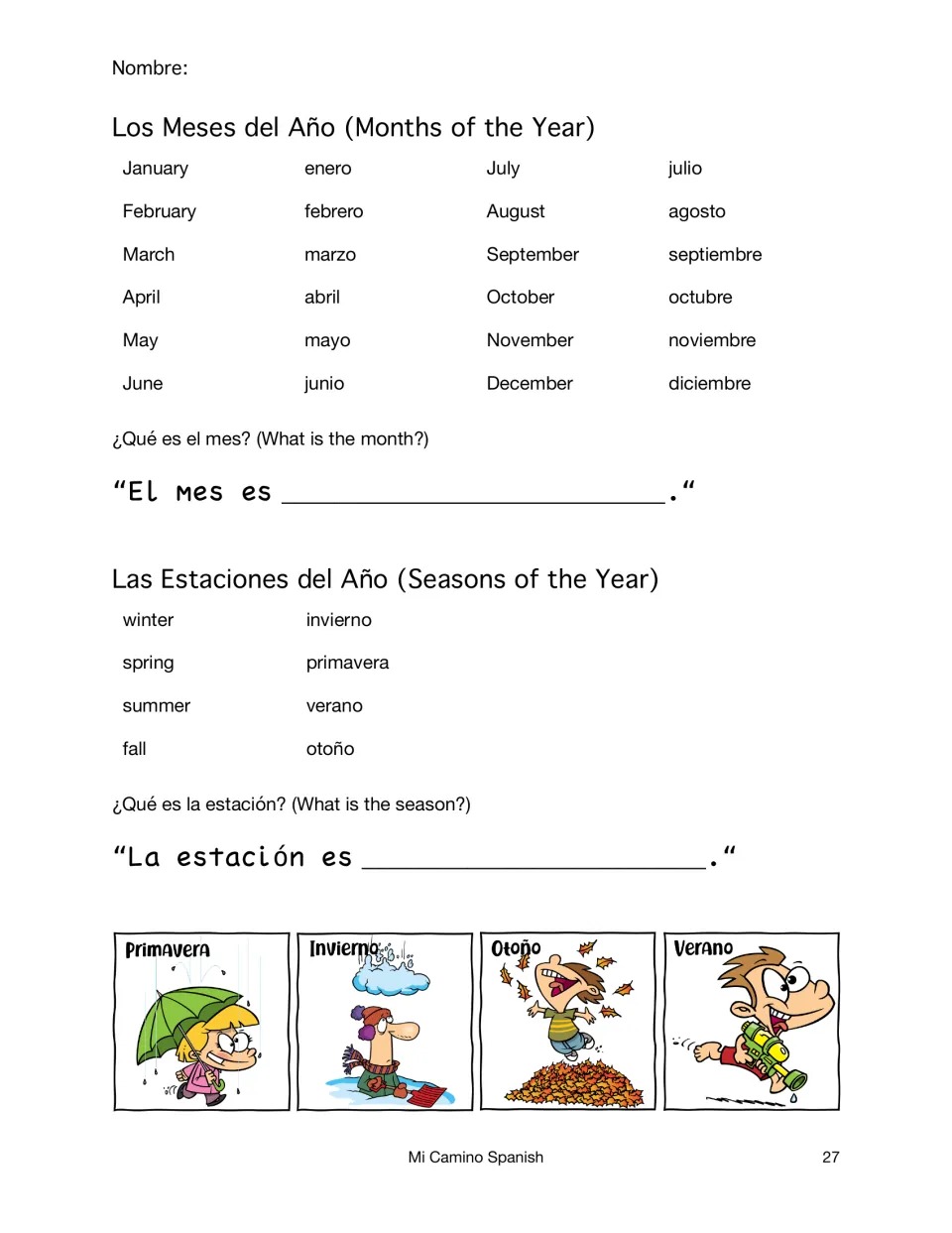 Spanish months of the year, enero to diciembre, and the four seasons with El mes es and La estación es sentence frames