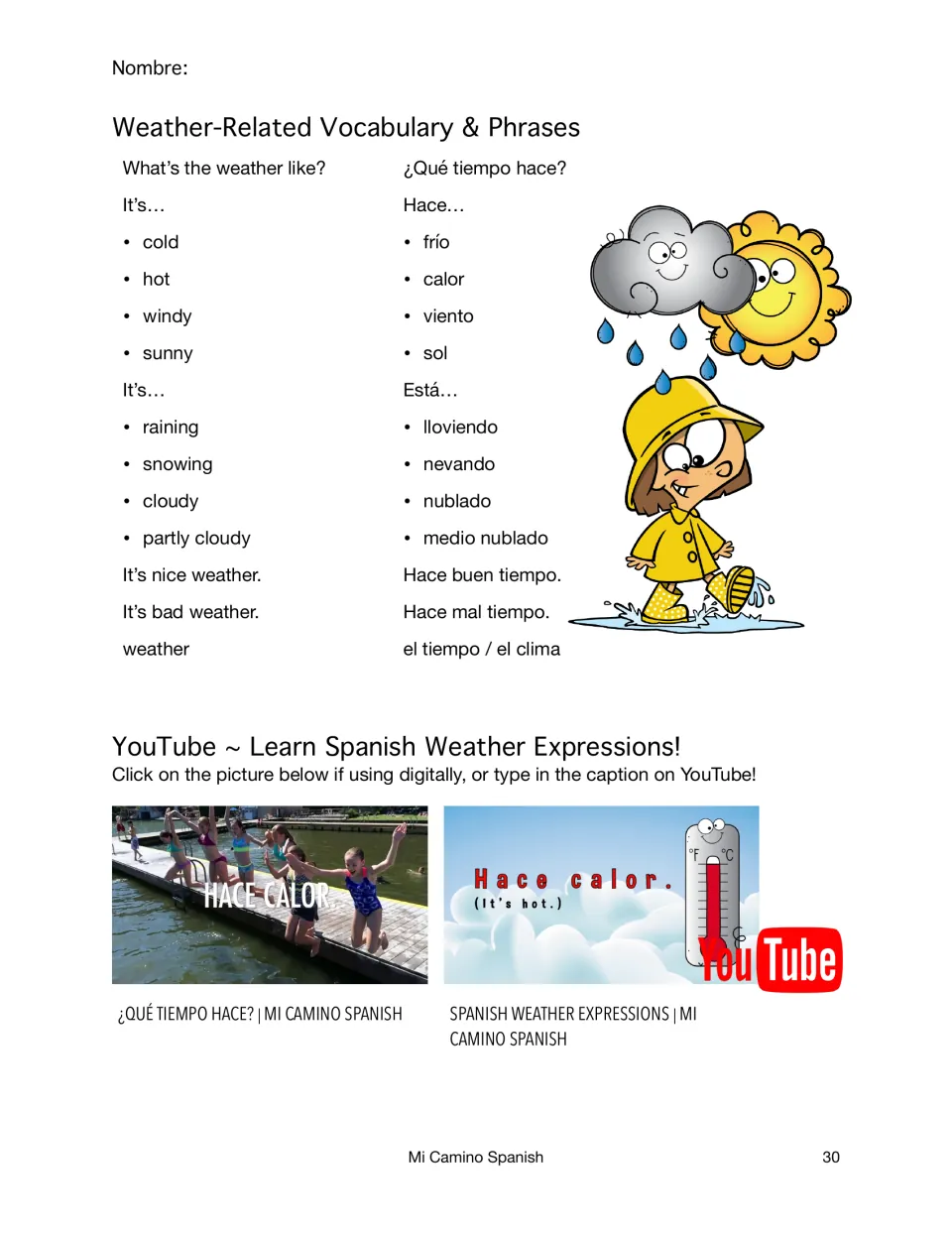 Spanish weather phrases such as hace frío, hace calor, está lloviendo and está nevando, with two YouTube weather videos