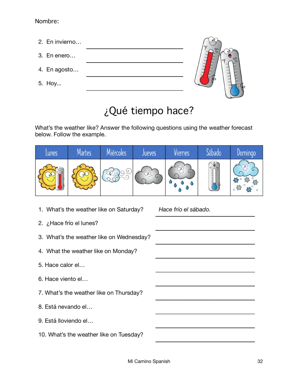 Weather forecast reading: students answer 10 questions from a Lunes to Domingo forecast of sun, wind, rain, snow