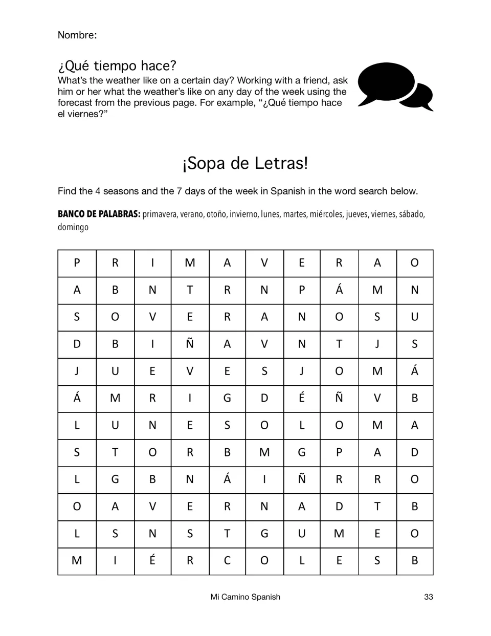 Partner weather questions about the forecast, then a Sopa de Letras word search for the 4 seasons and 7 weekdays