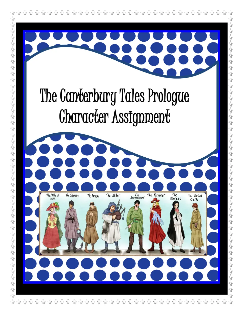 Cover: Canterbury Tales Prologue character assignment, showing eight labeled pilgrims such as the Wife of Bath