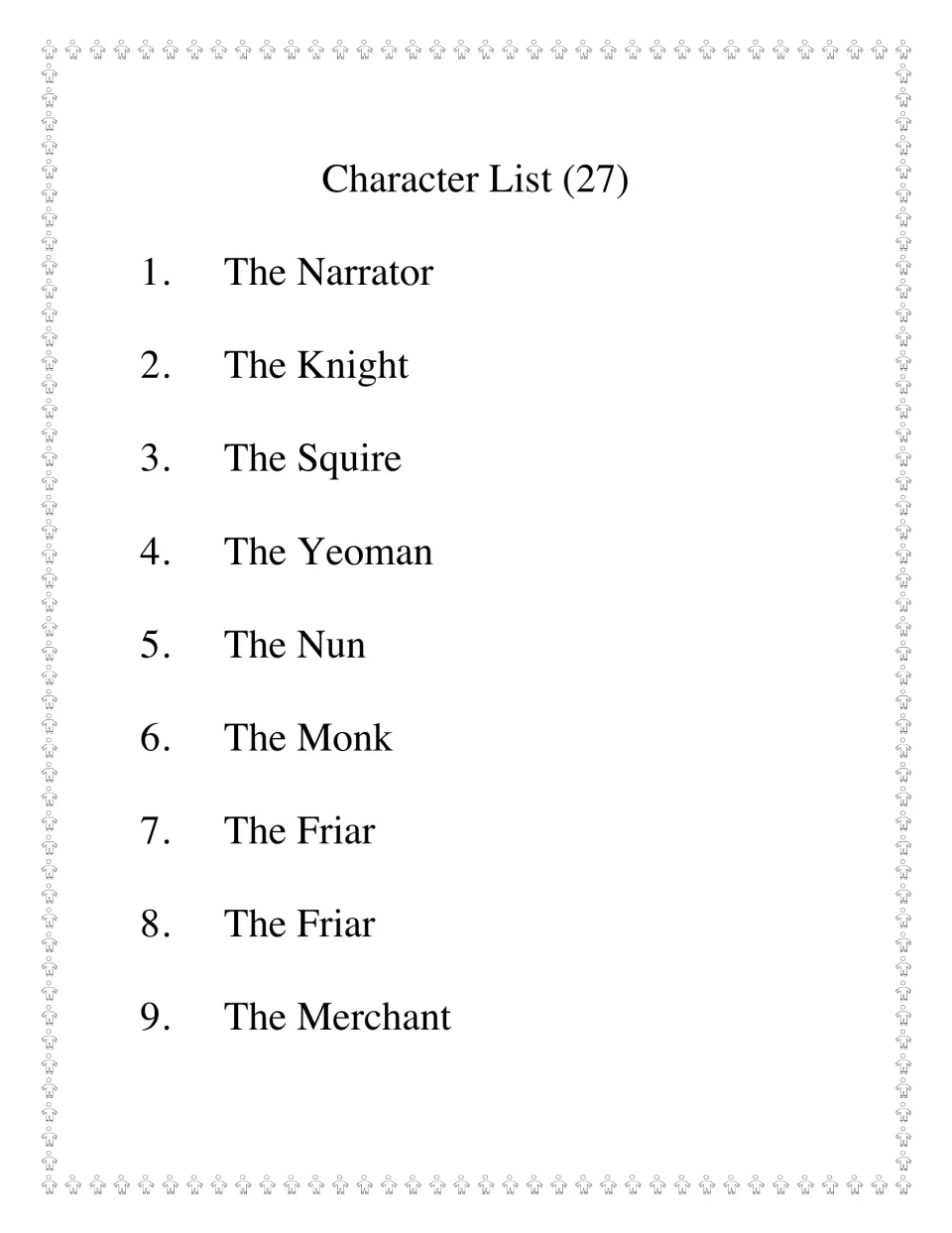 Character List (27), part 1: pilgrims 1 to 9, from the Narrator, Knight and Squire through the Monk, Friar and Merchant