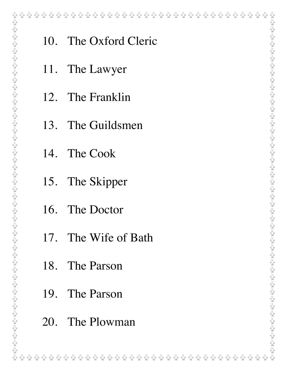 Character list continued: pilgrims 10 to 20, including Oxford Cleric, Lawyer, Franklin, Wife of Bath, Parson and Plowman
