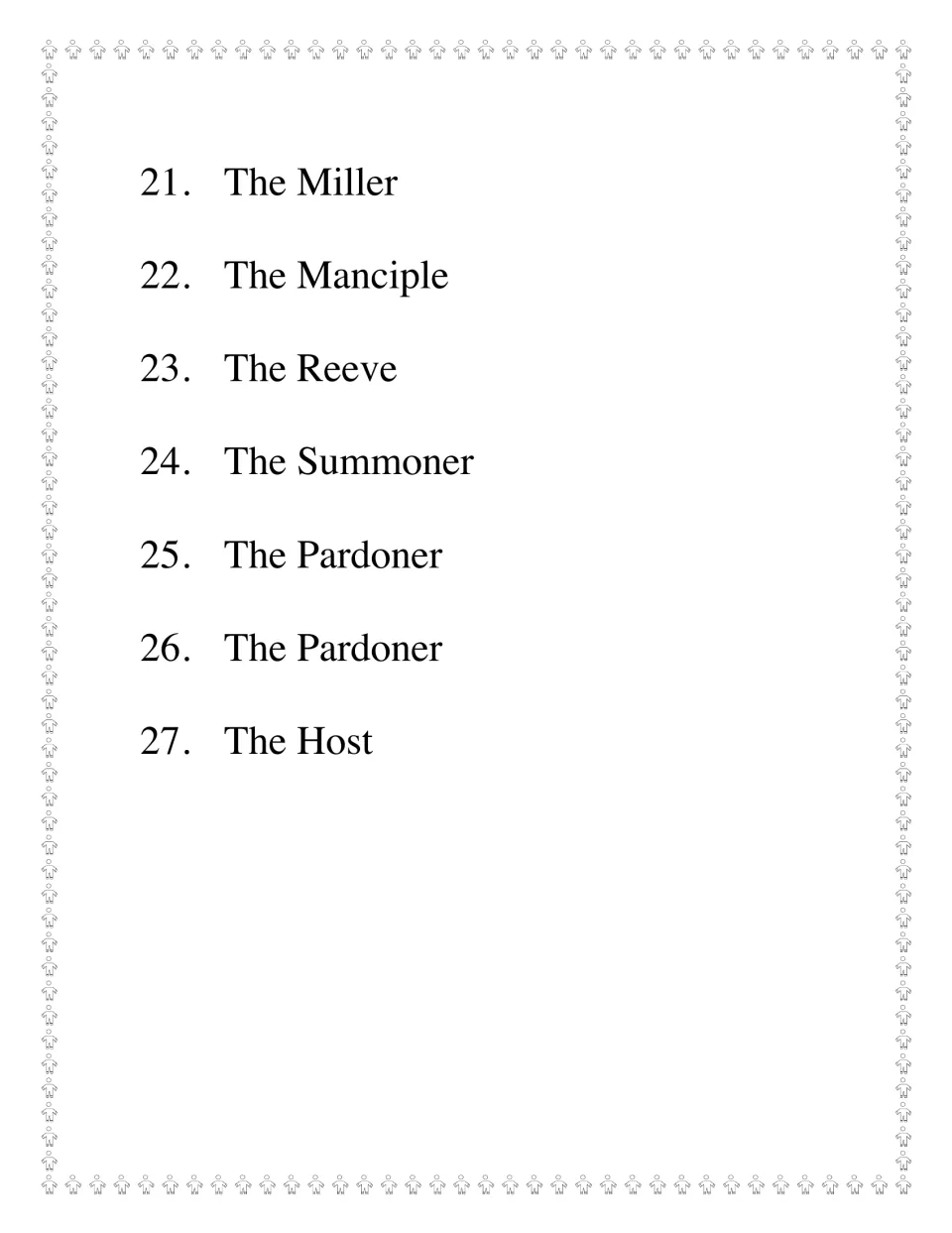 Character list ends with pilgrims 21 to 27: the Miller, Manciple, Reeve, Summoner, Pardoner and Host from the Prologue