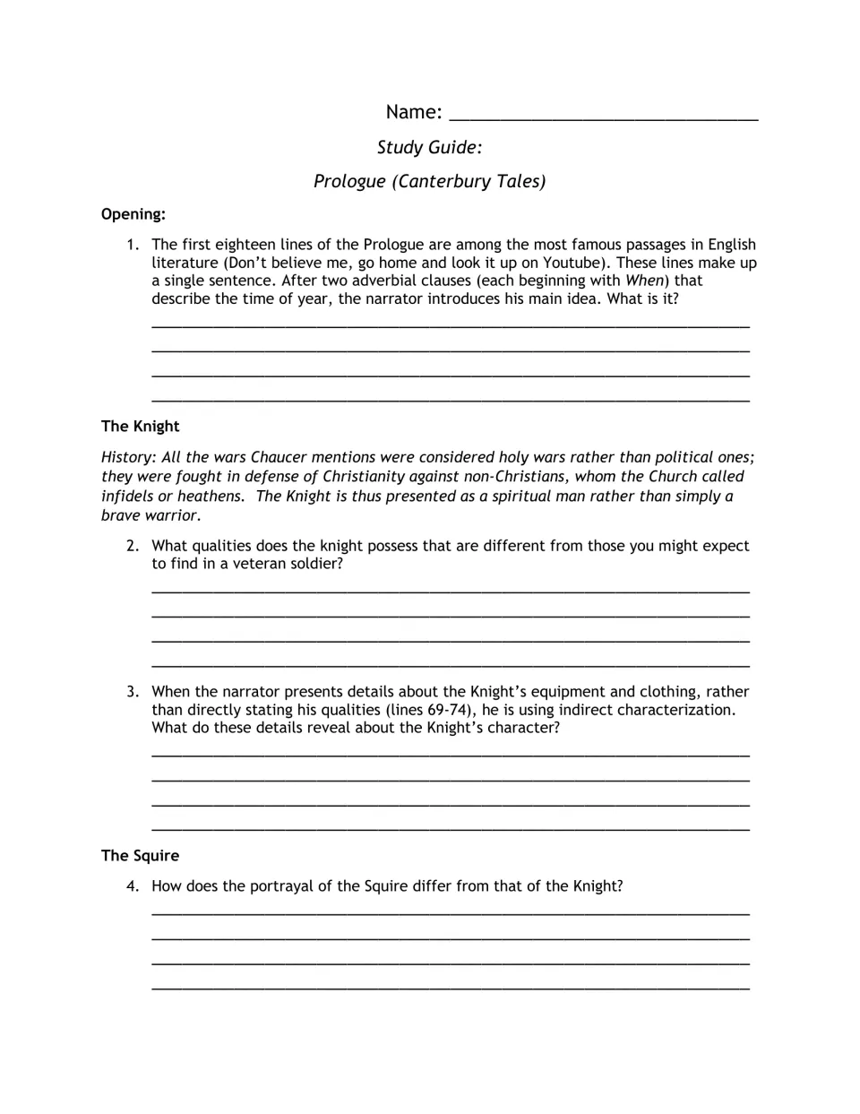 Reading guide questions 1–4 examine the Prologue opening, the Knight's character, and the Squire's portrayal