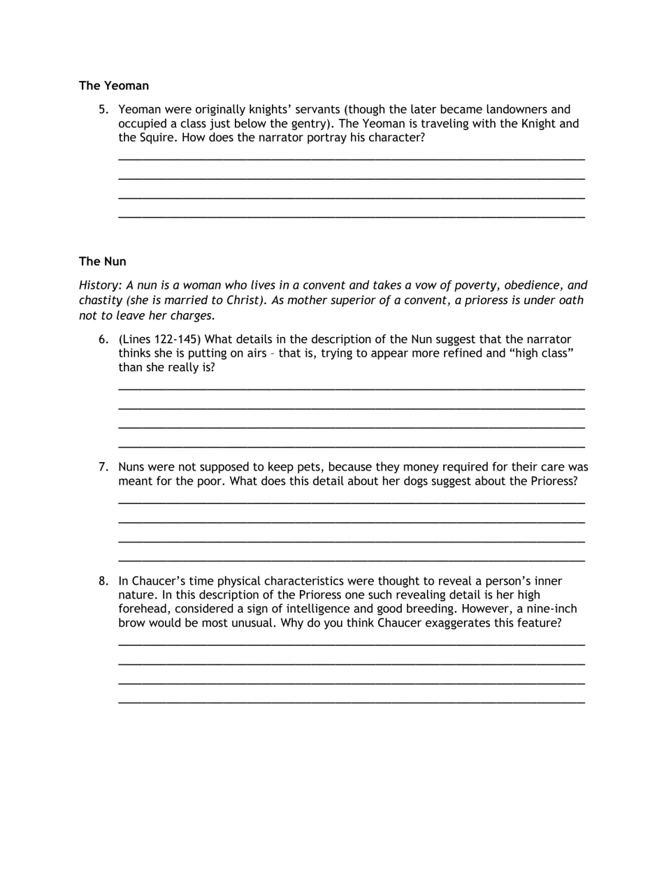 Reading guide questions 5–8 explore the Yeoman and the Nun, including her manners, pets, and appearance