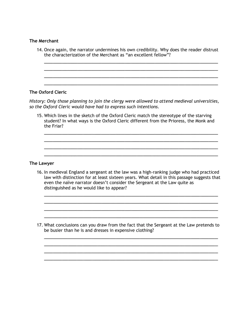 Reading guide questions 14–17 analyze the Merchant, Oxford Cleric, and Lawyer through character details