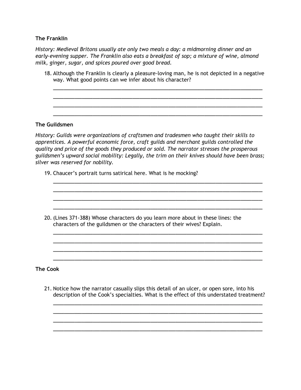 Reading guide questions 18–21 address the Franklin's virtues, satire of the Guildsmen, and the Cook's sore