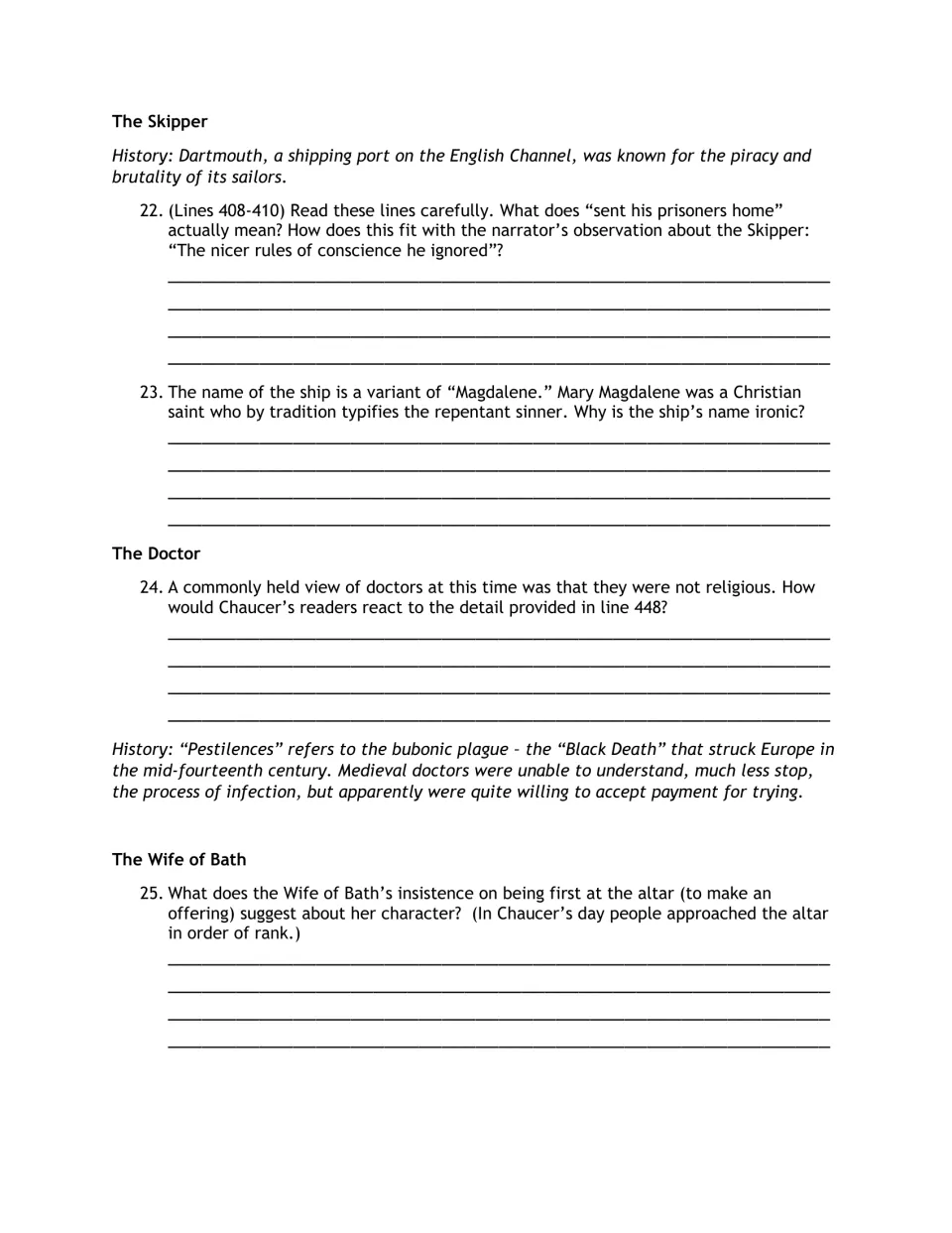 Reading guide questions 22–25 examine the Skipper's actions, the Doctor's religion, and the Wife of Bath