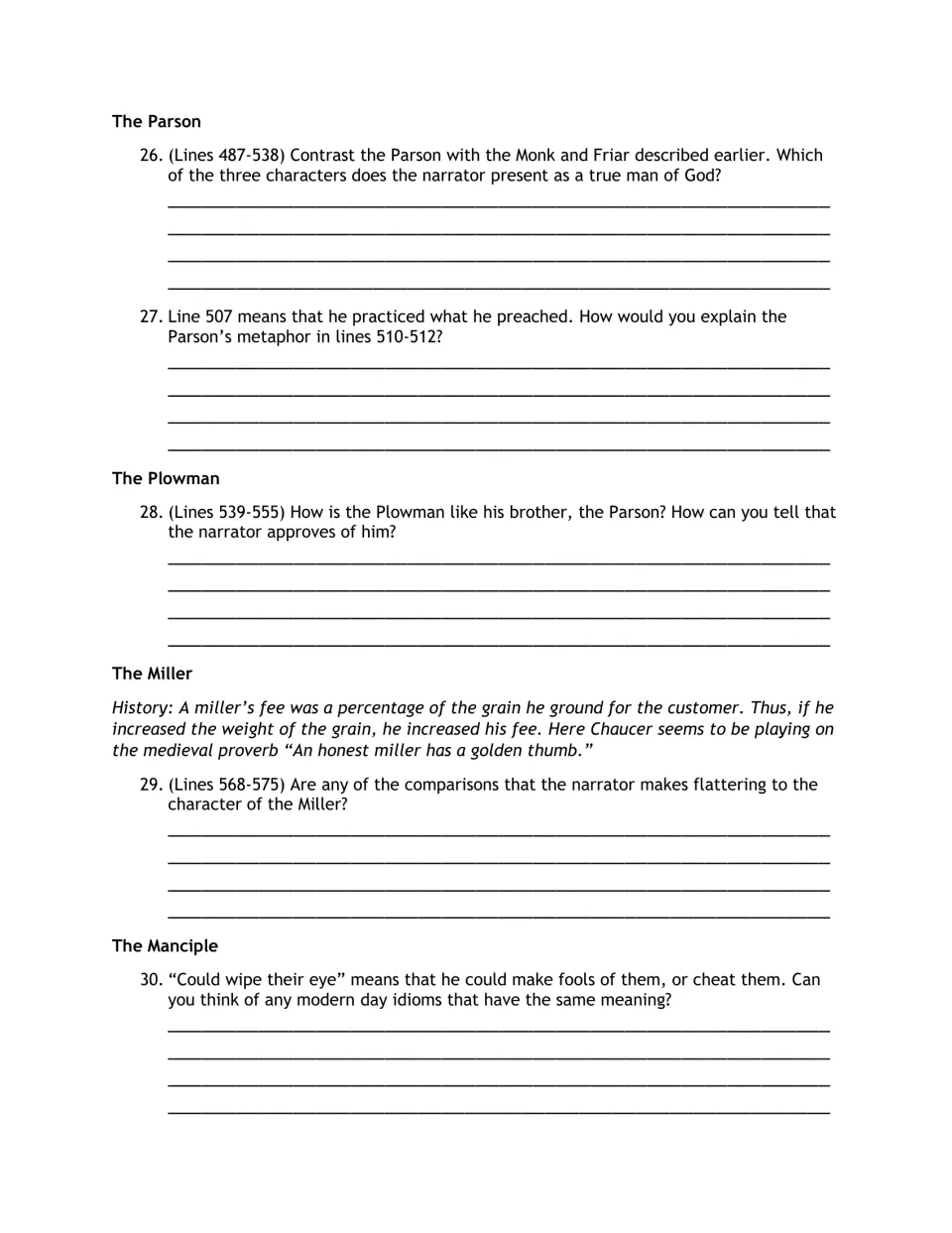 Reading guide questions 26–30 compare the Parson and Plowman, then examine the Miller and Manciple