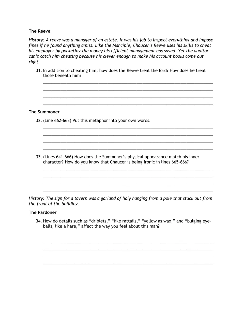Reading guide questions 31–34 explore the Reeve's treatment of others, the Summoner, and the Pardoner