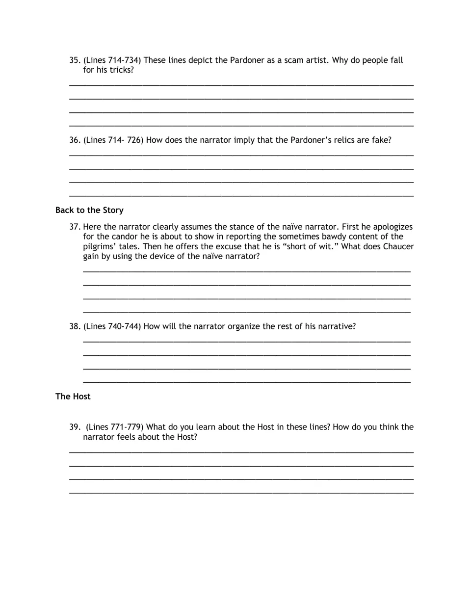 Reading guide questions 35–39 examine the Pardoner's tricks, the naive narrator, story order, and the Host