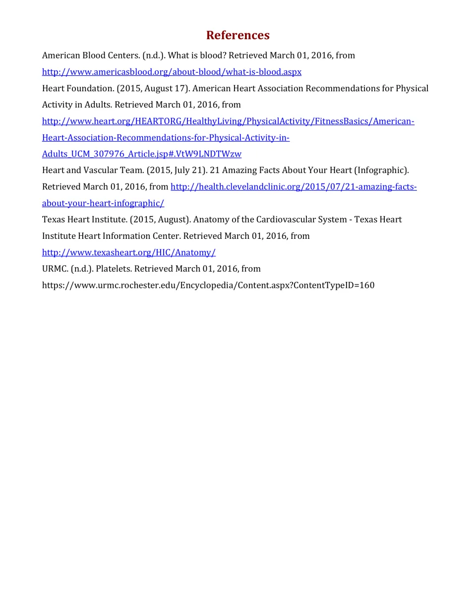 References for the cardiovascular reading: five sources covering blood, physical activity, and heart anatomy