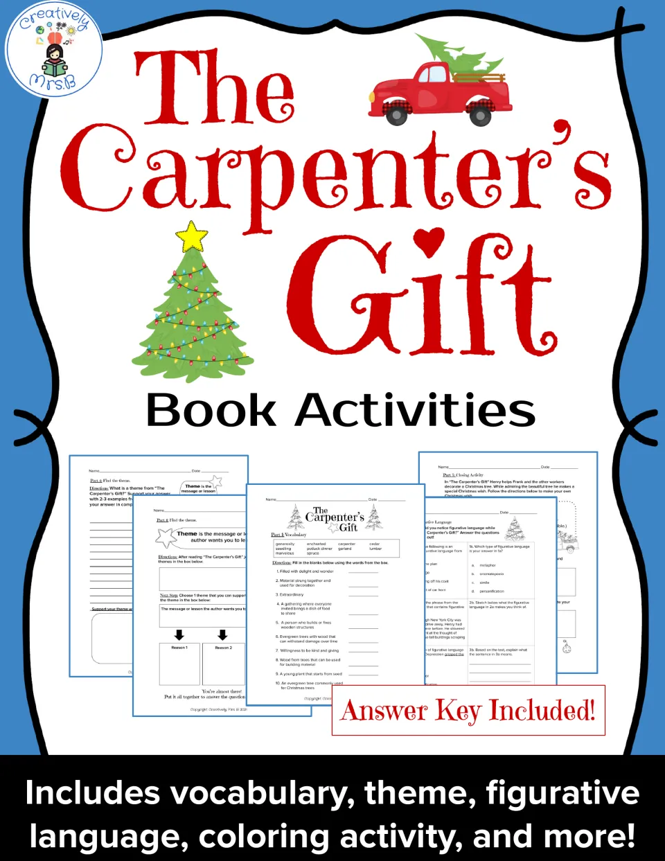 The Carpenter's Gift book activities cover with a red truck and Christmas tree; includes answer key and vocabulary