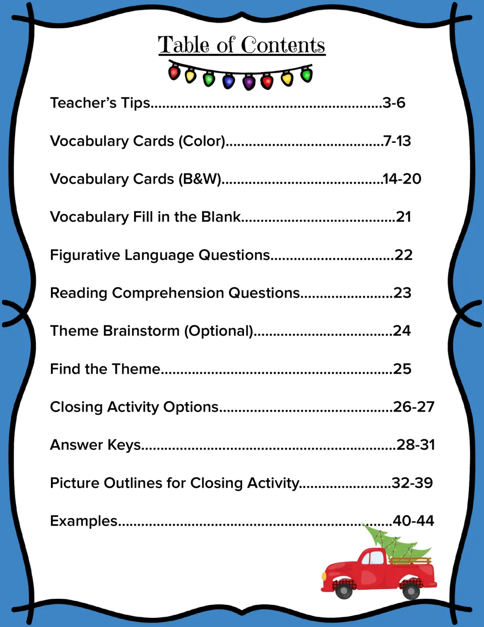 Table of contents listing tips, vocabulary cards, figurative language, comprehension, theme, closing activity, keys