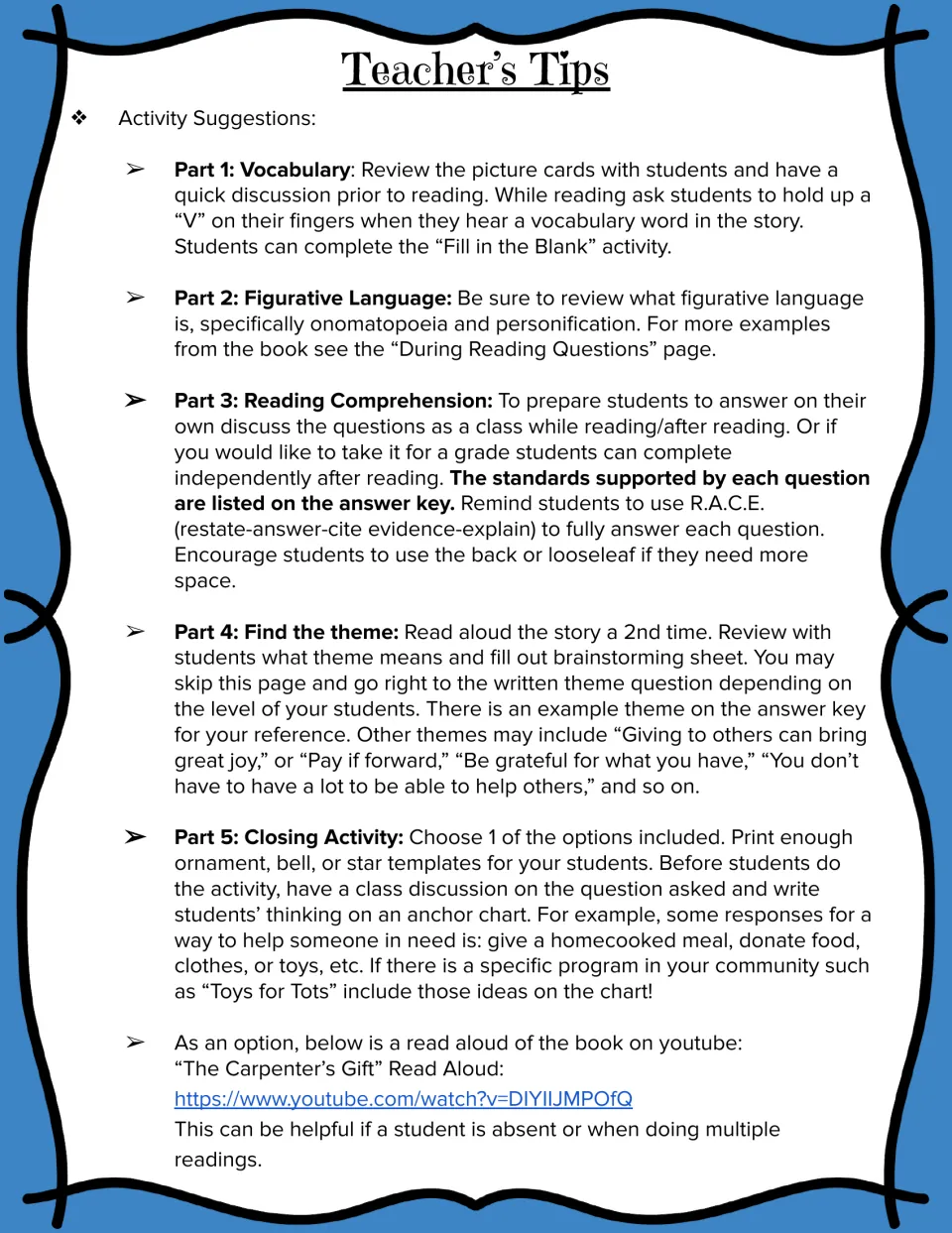 Teacher's tips for five parts: vocabulary, figurative language, comprehension, finding the theme, closing activity