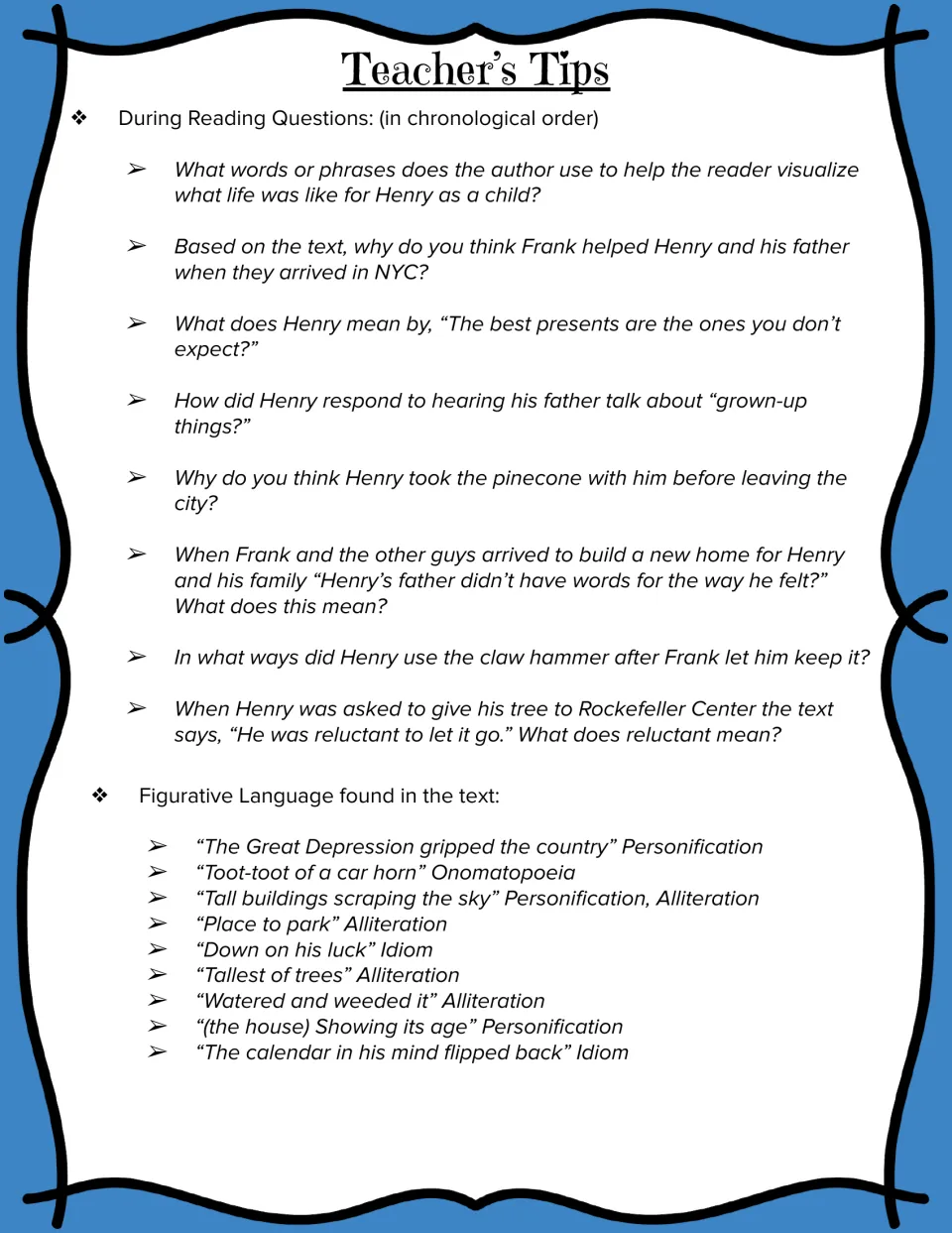 Teacher's tips listing eight during-reading questions and nine figurative language examples such as personification