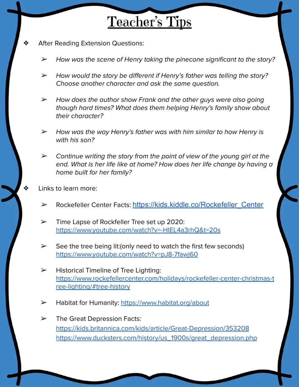 Teacher's tips with five after-reading extension questions and web links on Rockefeller Center and the Great Depression