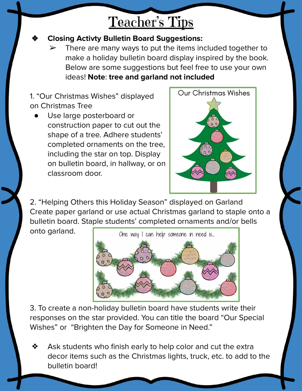 Bulletin board ideas for finished ornaments: a Christmas tree display, a garland display and a star wishes option