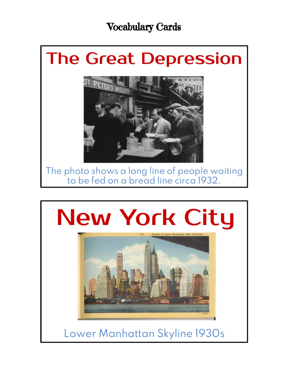 Vocabulary picture cards for The Great Depression, showing a bread line photo, and New York City skyline