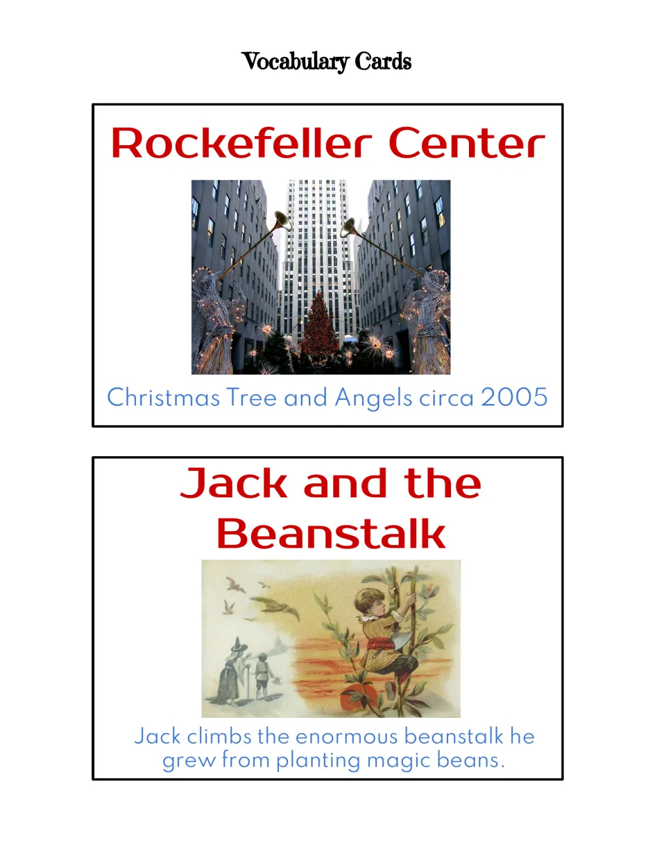 Vocabulary picture cards for Rockefeller Center with its Christmas tree and angels, and Jack and the Beanstalk