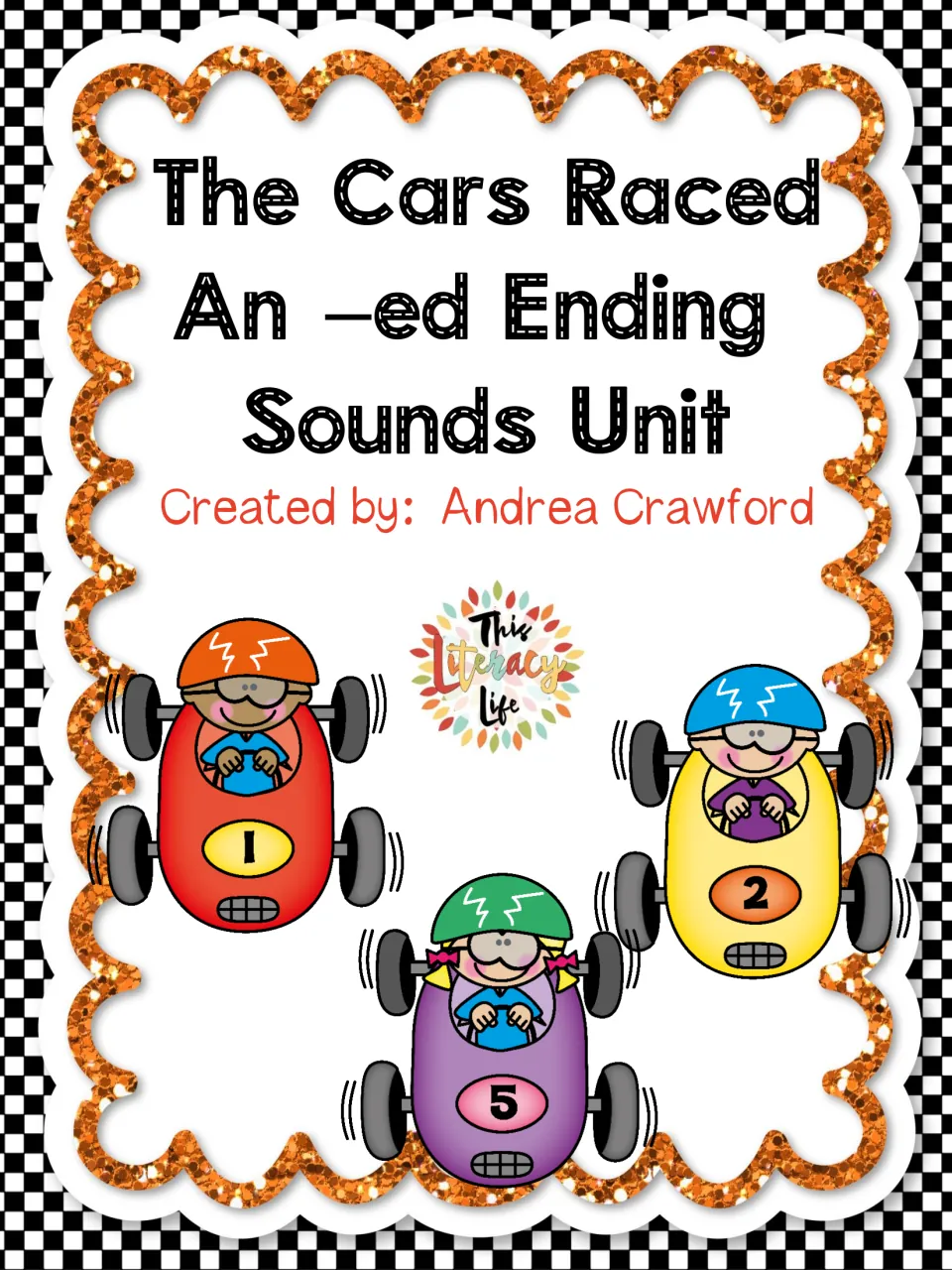 Cover of The Cars Raced, an -ed ending sounds unit by Andrea Crawford, with three cartoon kids driving race cars