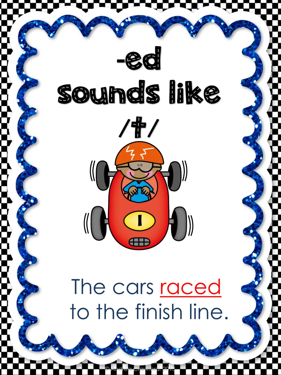 -ed sounds like /t/ poster: example sentence about cars reaching the finish line, with raced underlined