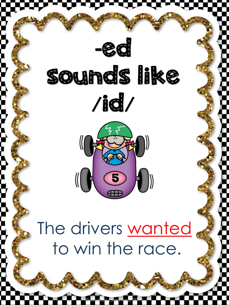 -ed sounds like /id/ poster: example sentence 'The drivers wanted to win the race.' with wanted underlined