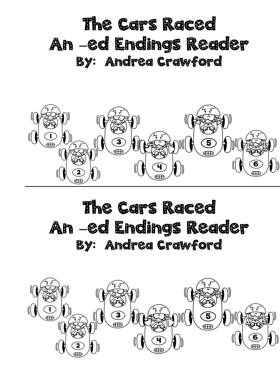 Title page of the -ed endings reader by Andrea Crawford, printed twice per sheet with six numbered race cars