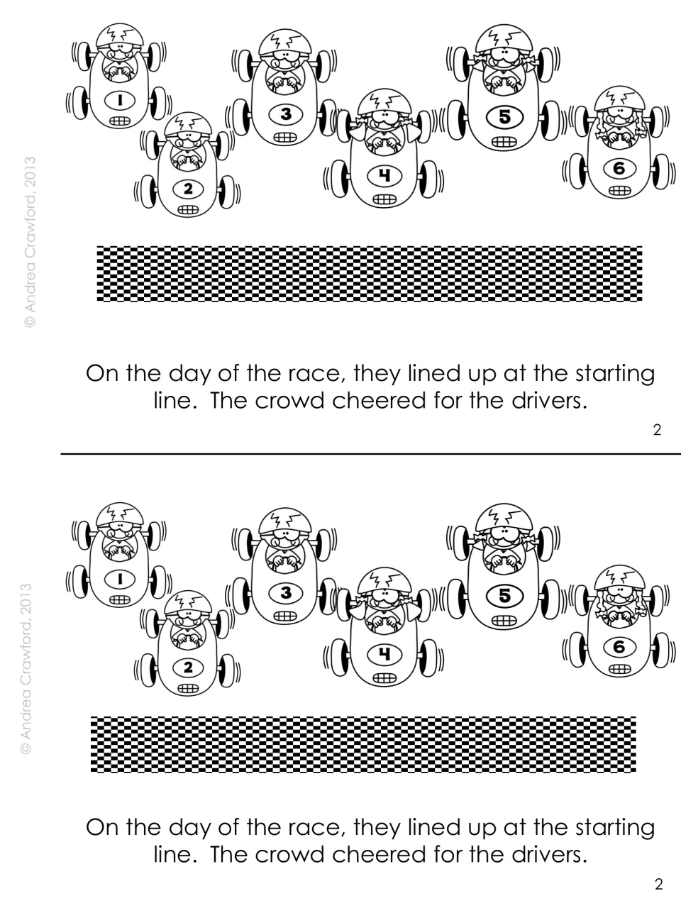 Reader page 2, two copies: the drivers line up at the starting line and the crowd cheered for them