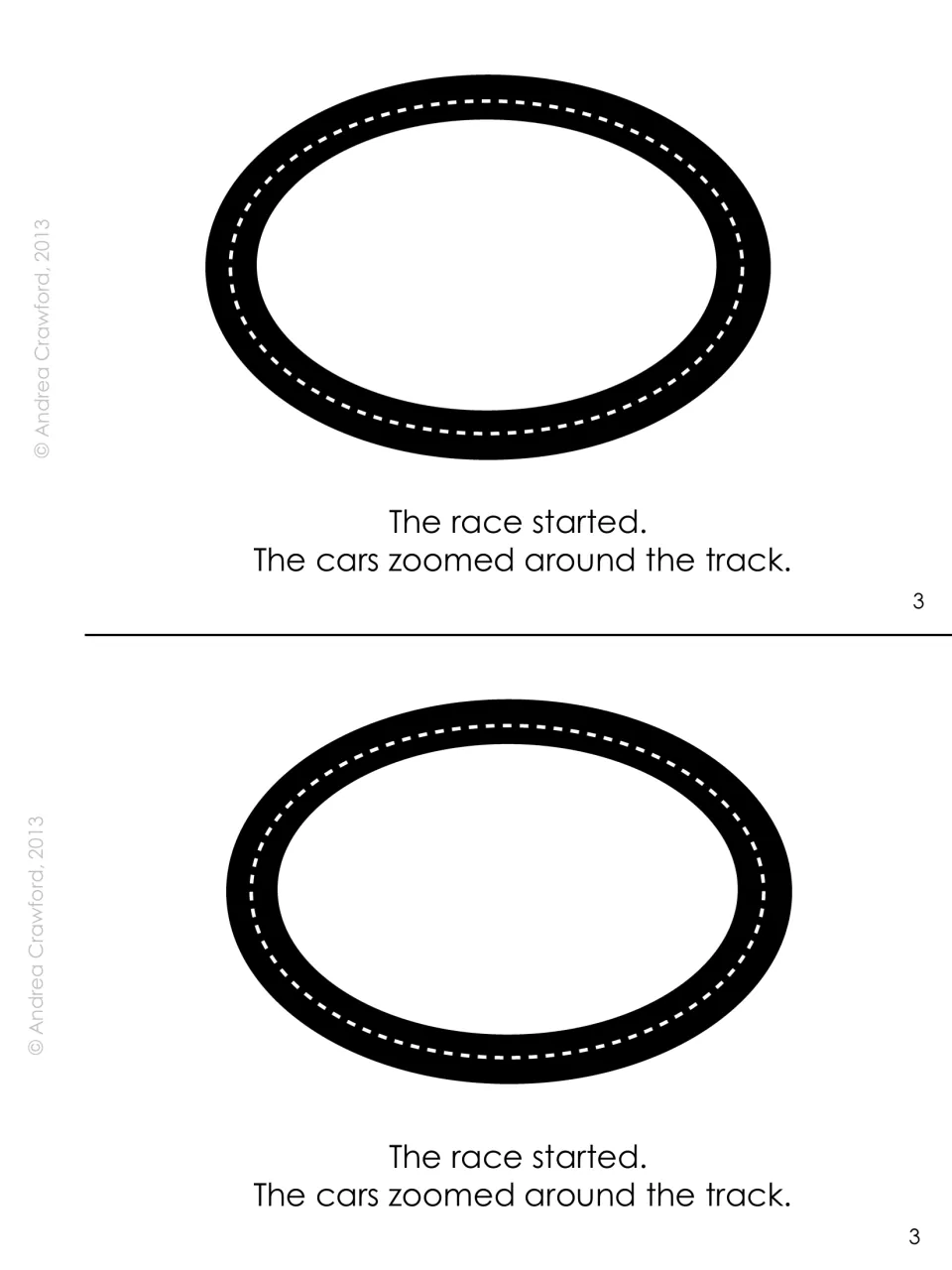 Reader page 3, two copies: 'The race started. The cars zoomed around the track.' beneath an oval racetrack drawing