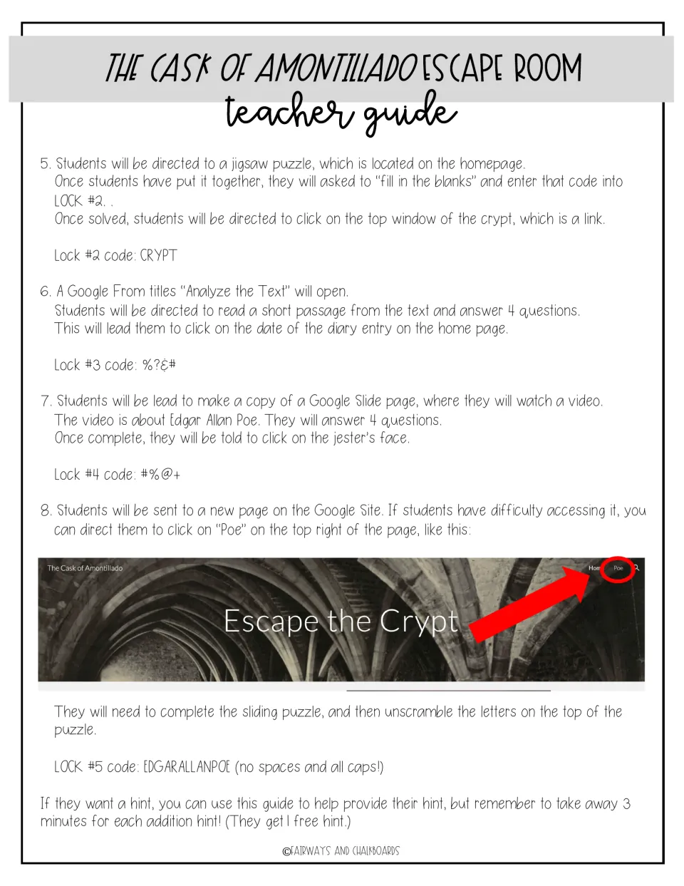 Teacher guide steps 5 to 8: jigsaw, text analysis, video questions and sliding puzzle that open locks 2 through 5
