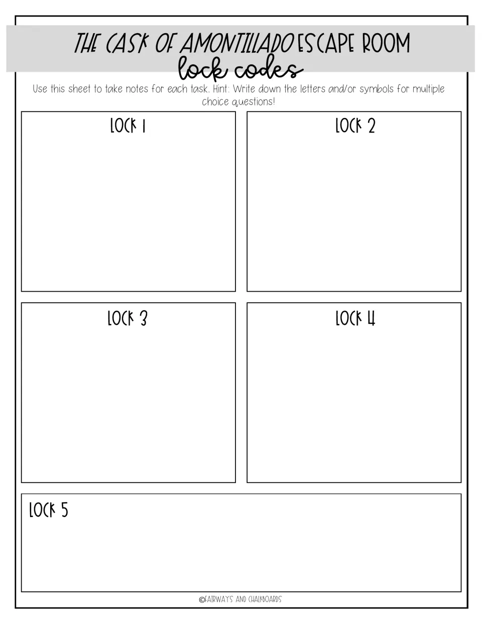 Escape room lock codes notes sheet for locks 1–5, with a reminder to record letters or symbols from answers