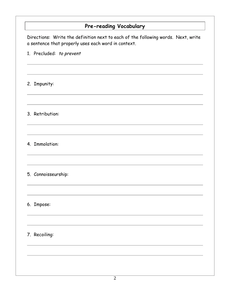 Pre-reading vocabulary practice: define and use precluded, impunity, retribution, and four more words.