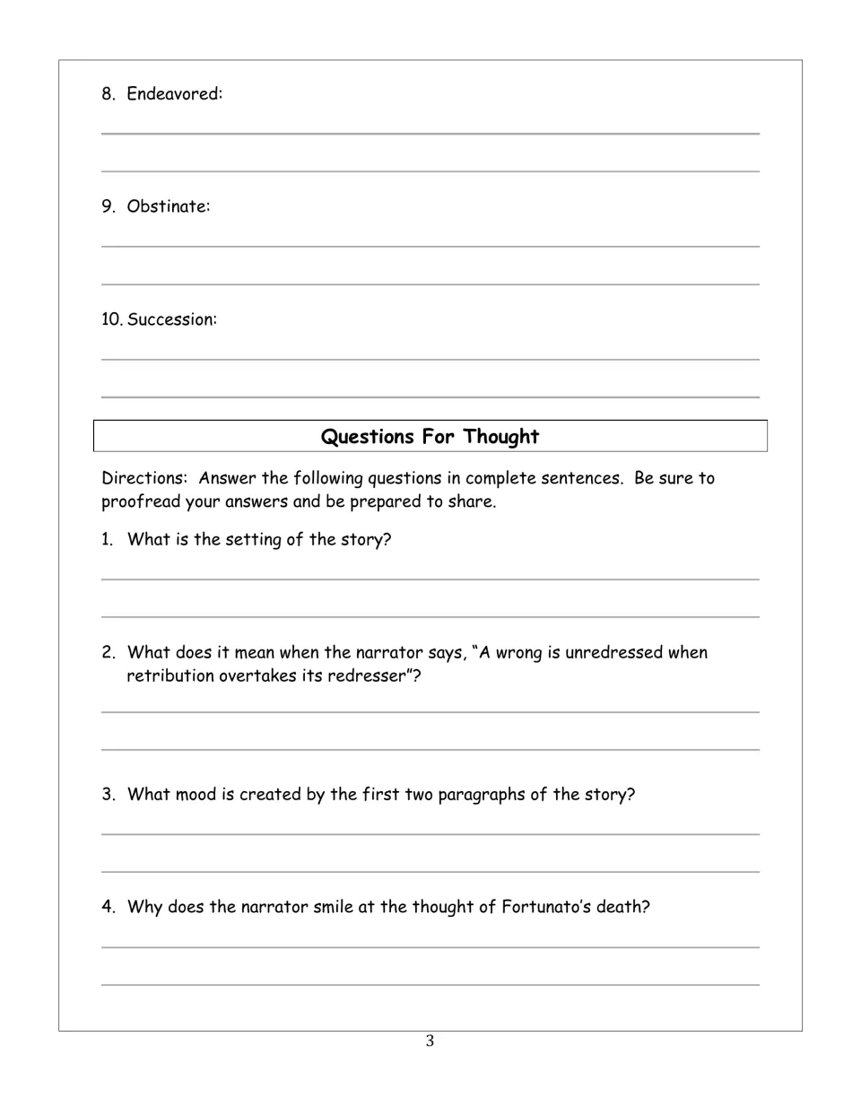 Vocabulary words 8–10 and reading questions 1–4 address setting, retribution, mood, and the narrator's smile.