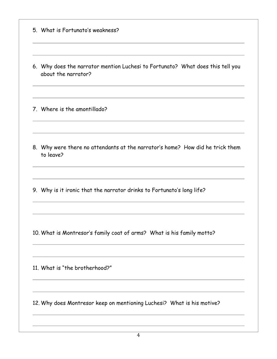 Reading questions 5–12 examine Fortunato's weakness, Luchesi, absent attendants, irony, and family symbols.