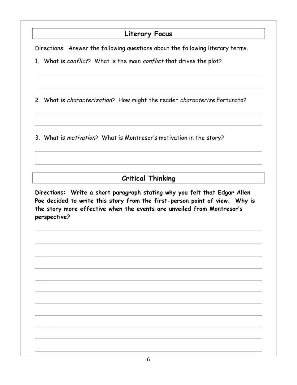 Literary analysis questions cover conflict, characterization, and motivation, followed by a point-of-view prompt.