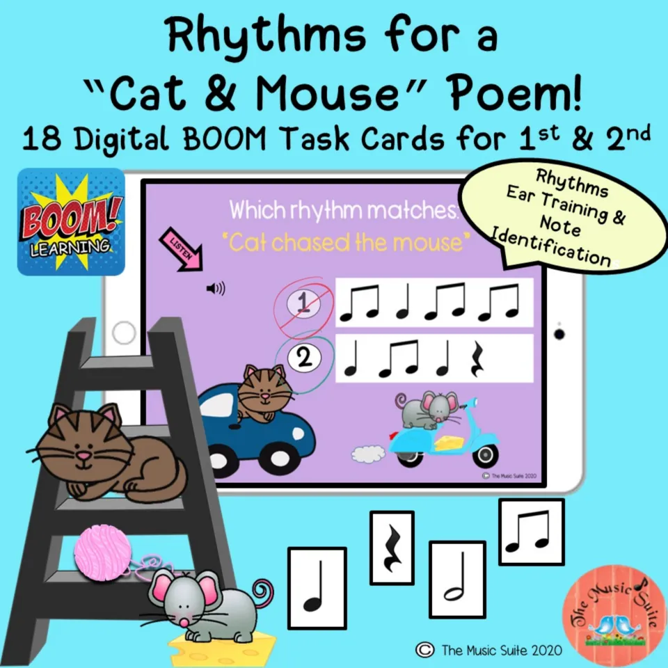Cover for an 18-card Boom set on a cat and mouse poem, featuring rhythm matching and note identification.