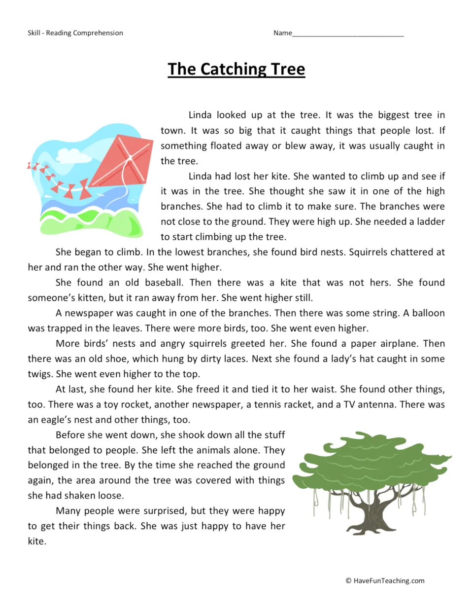 Reading passage about Linda climbing a tree to find her lost kite and returning other people's belongings.