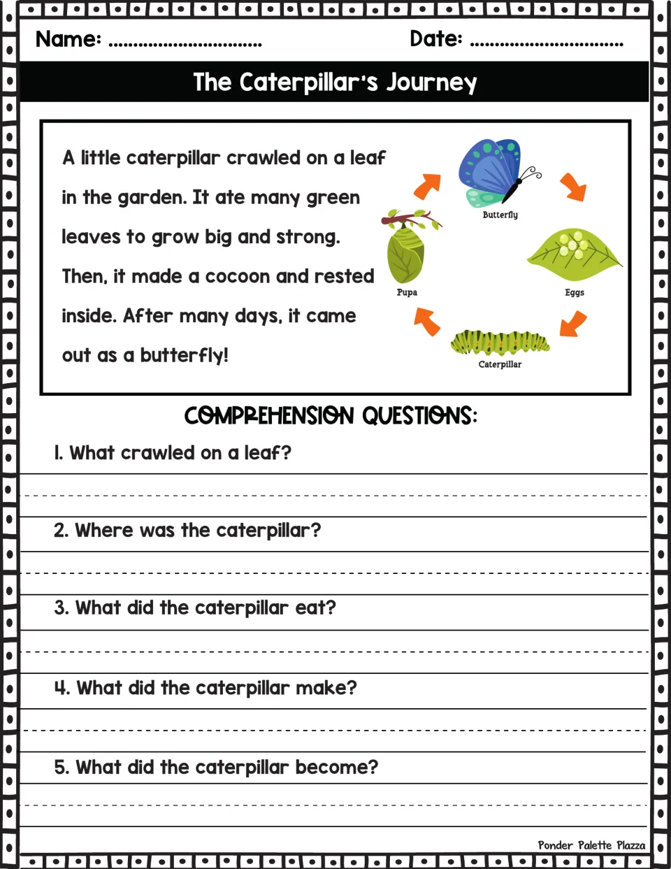 Caterpillar life cycle story: students read a short passage, then write answers to 5 comprehension questions