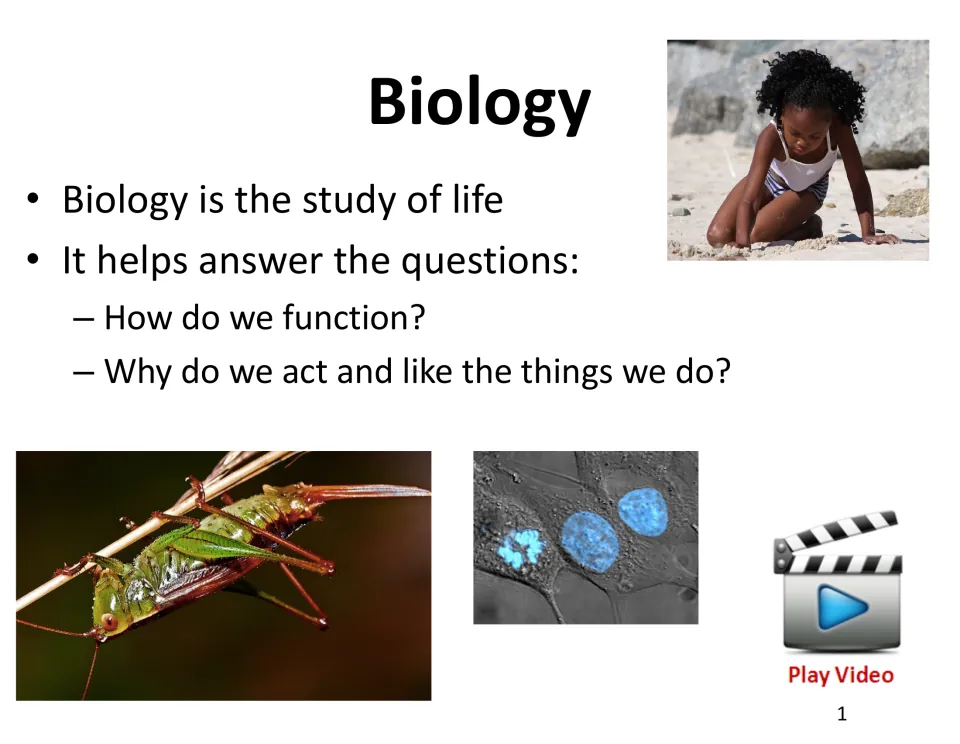 Biology intro slide defining biology as the study of life, with questions on how we function and why we act as we do