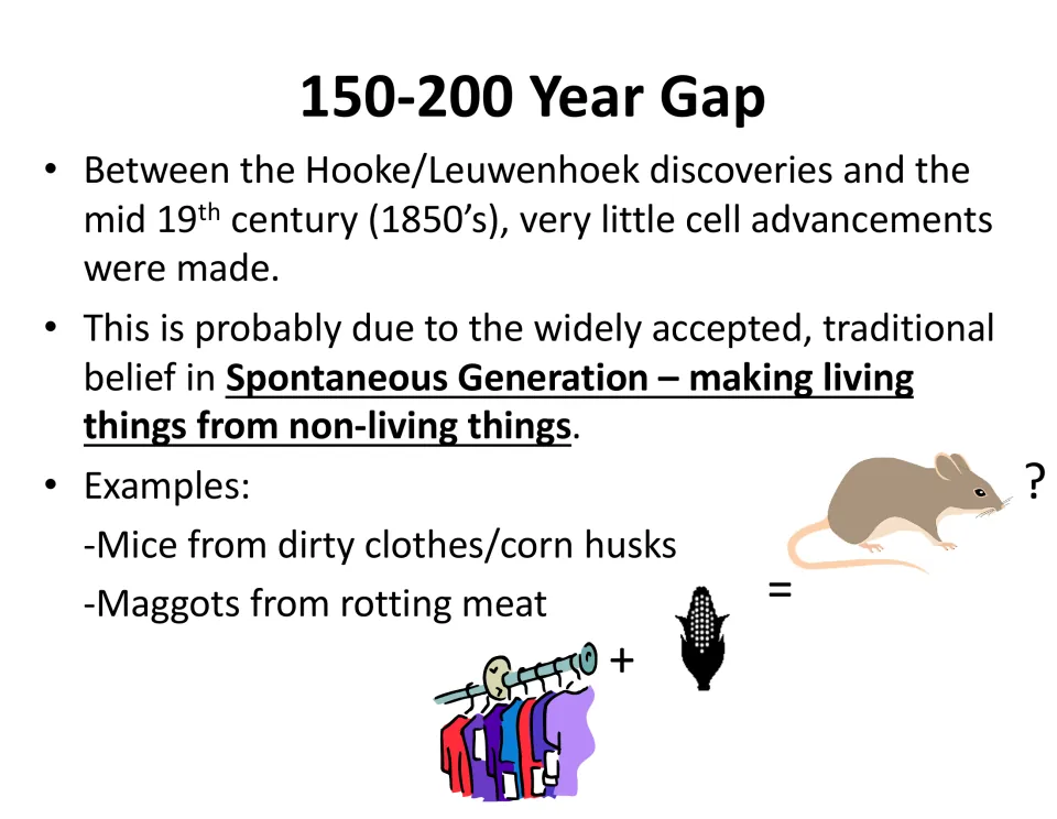 150-200 Year Gap: spontaneous generation explained with examples of mice from dirty clothes and maggots from rotting meat